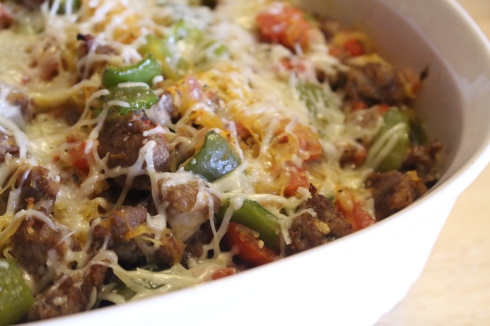 Baked Spaghetti Squash Casserole with Sweet Sausage, Peppers and Onion-001