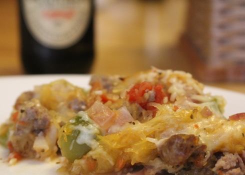 Baked Spaghetti Squash Casserole with Sweet Sausage, Peppers and Onion b